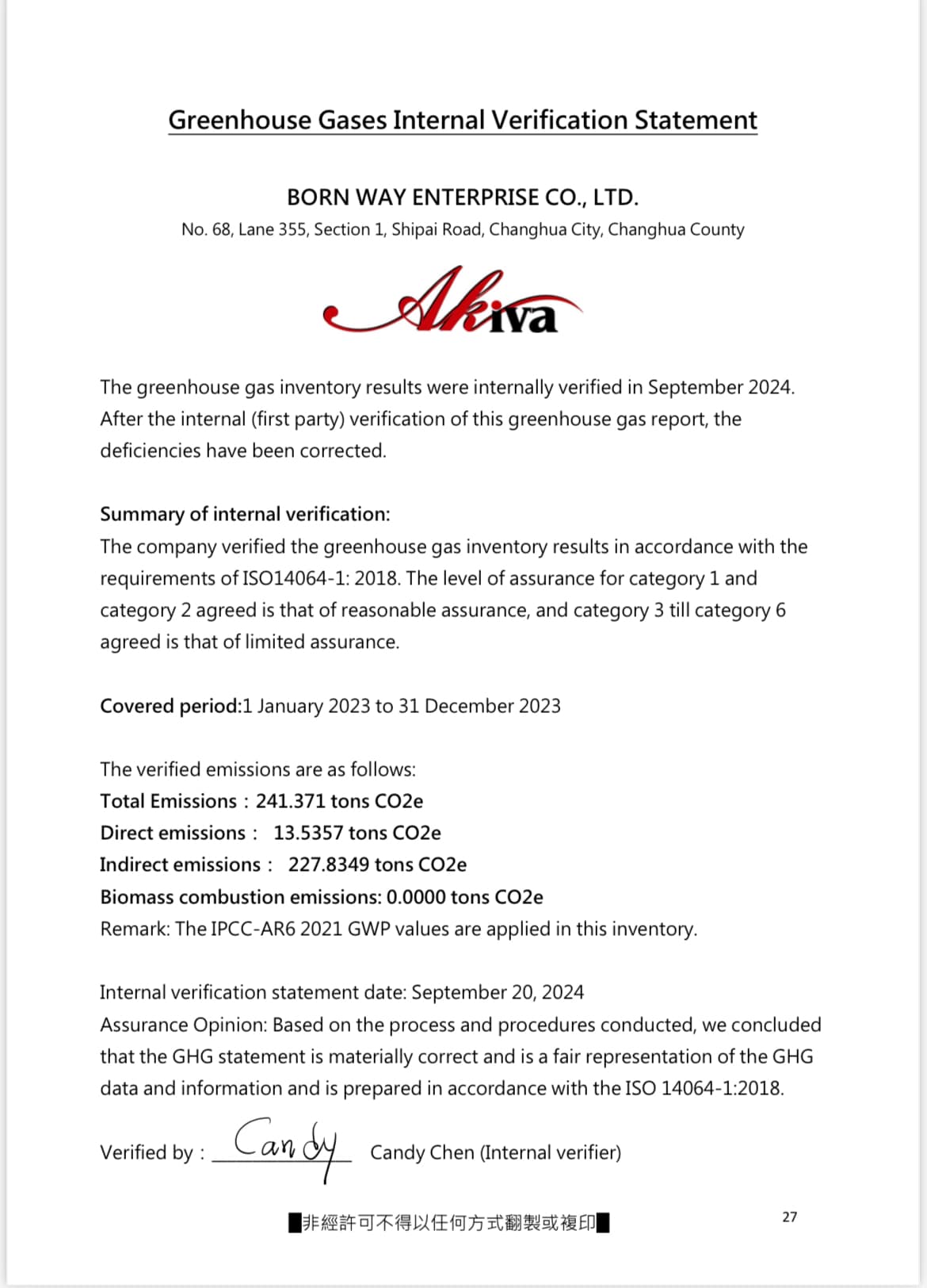Greenhouse Gases Internal Verification Statement